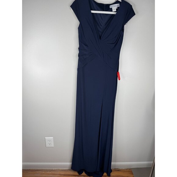 NWT Ieena by Mac Duggal 26504 V-Neck Ruched Navy Jersey Gown Maxi Dress Size 2 - Picture 2 of 5